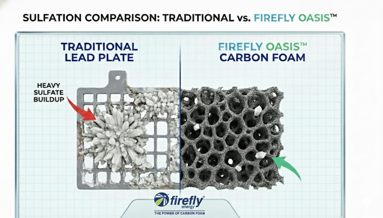 Illustration showing reduced sulfation on carbon foam vs lead plates