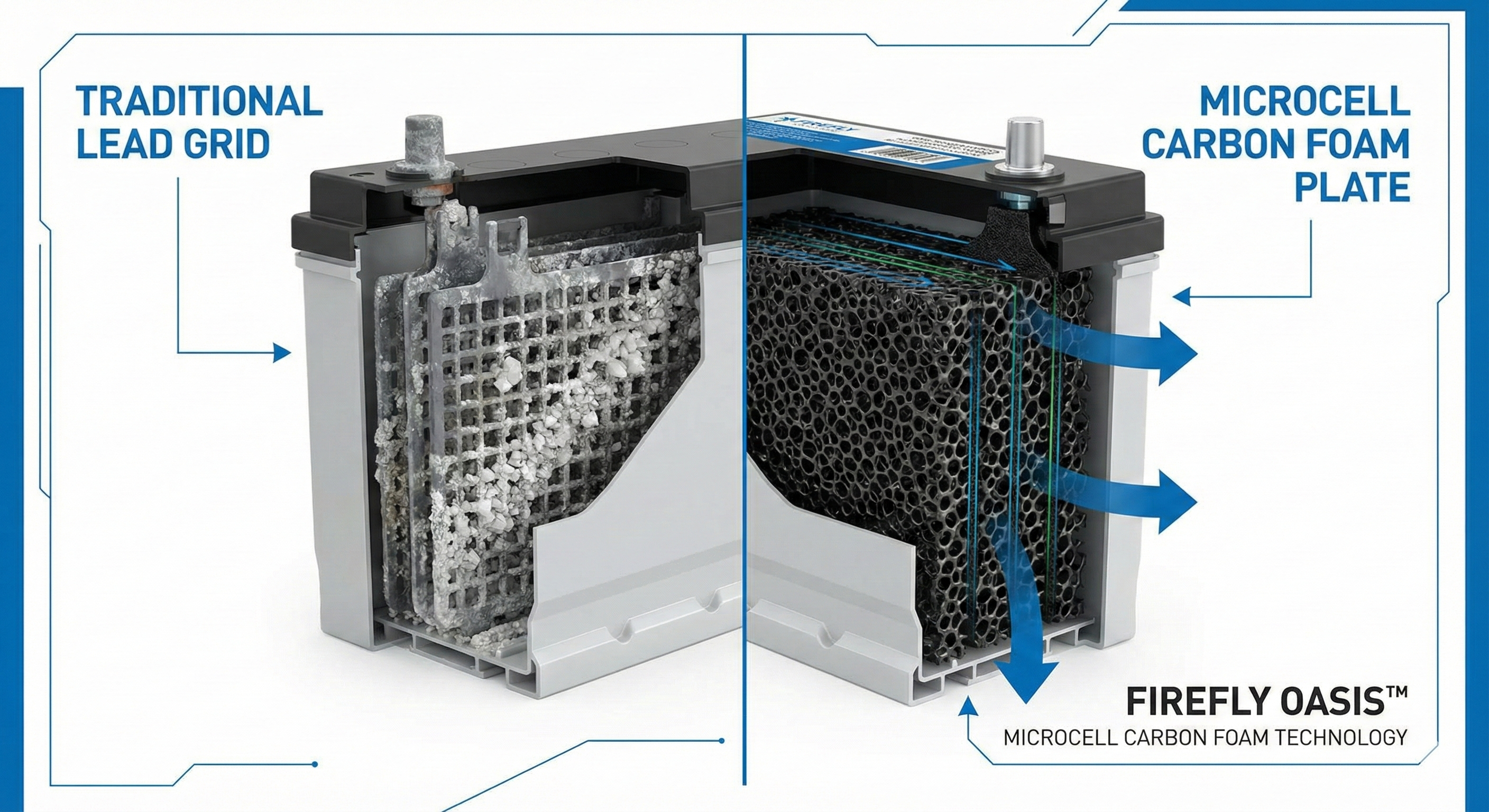 Microcell Carbon Foam plate replacing traditional lead grids in a battery